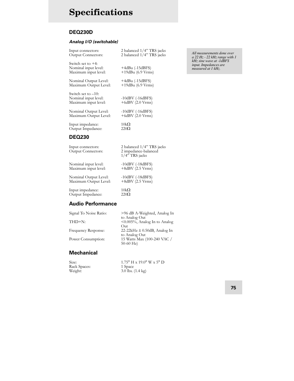 Specifications | ALESIS DEQ230D User Manual | Page 77 / 80