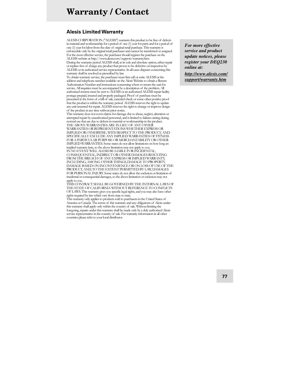 Warranty / contact | ALESIS DEQ230D User Manual | Page 79 / 80