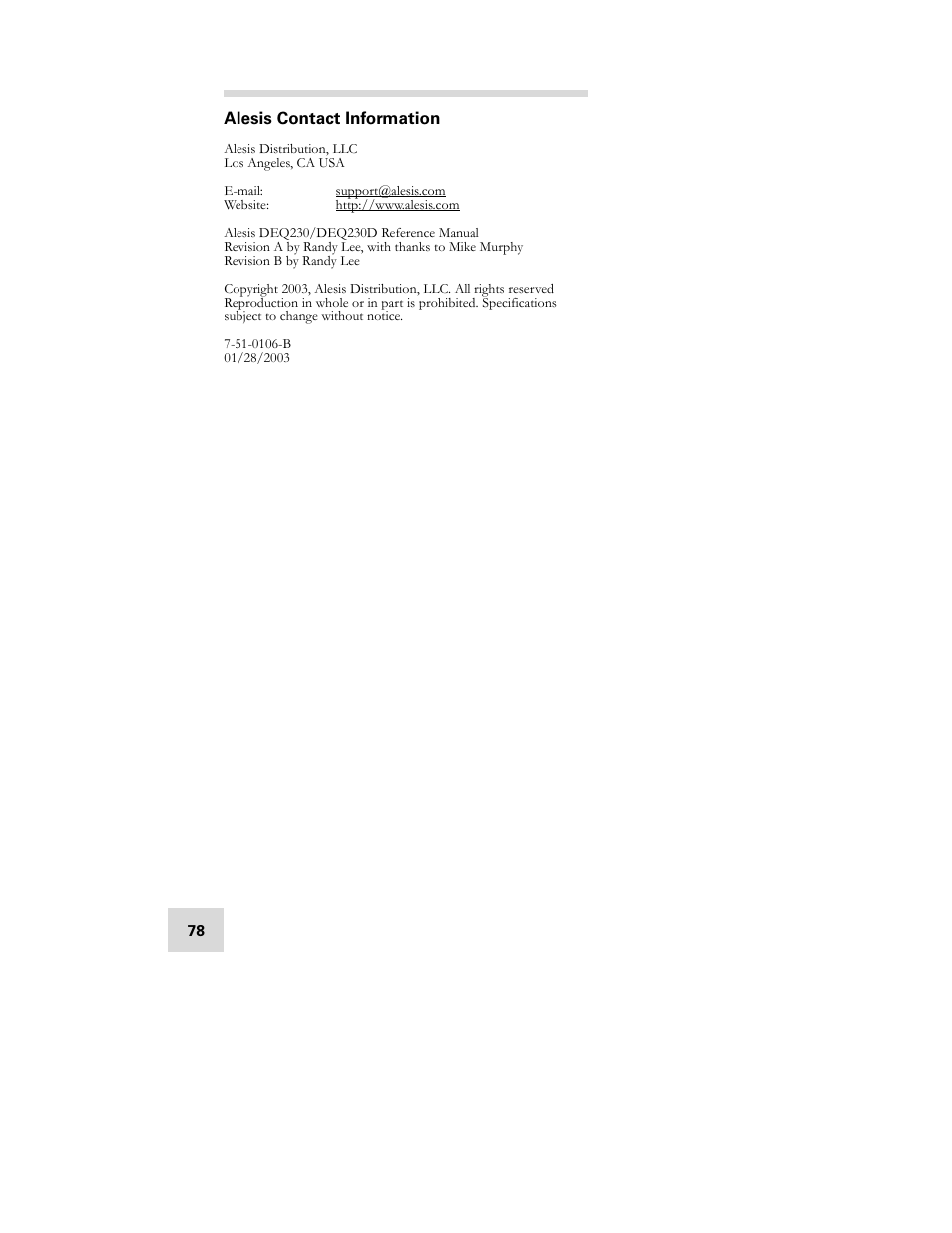 Warranty/contact | ALESIS DEQ230D User Manual | Page 80 / 80