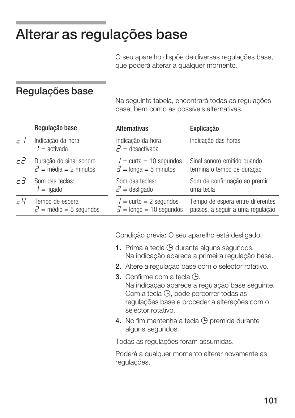 Alterar as regulações base, Regulações base | Siemens HF25M5L2 User Manual | Page 101 / 160