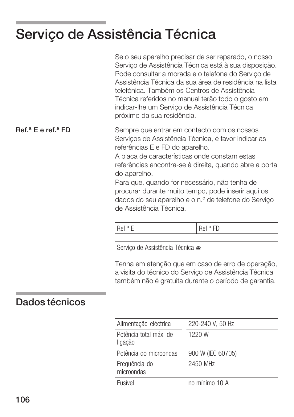 Serviço de assistência técnica, Dados técnicos | Siemens HF25M5L2 User Manual | Page 106 / 160