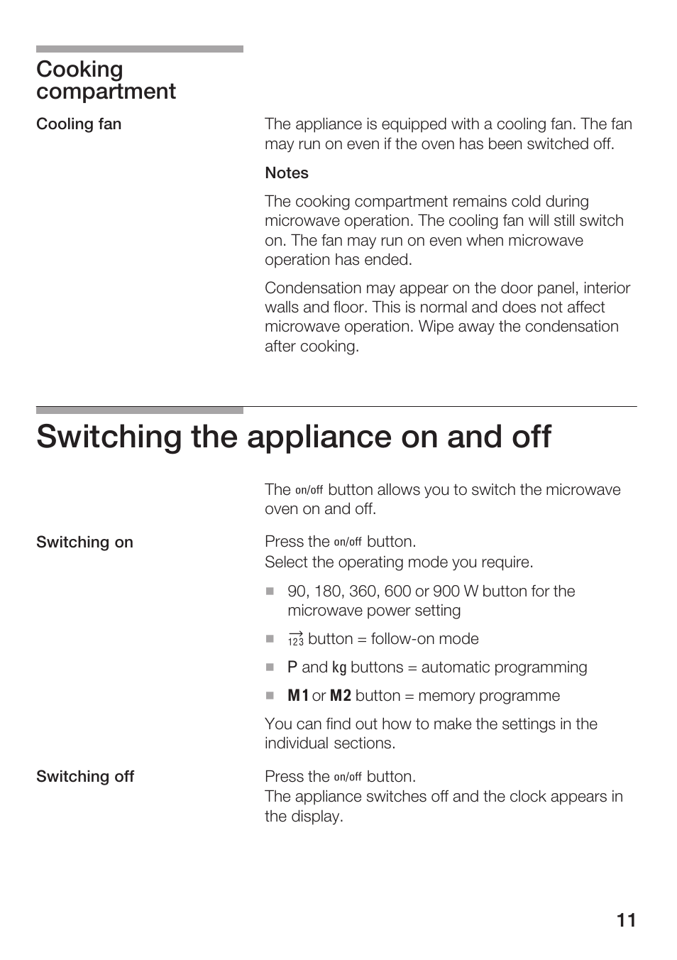 Switching the appliance on and off, Cooking compartment | Siemens HF25M5L2 User Manual | Page 11 / 160