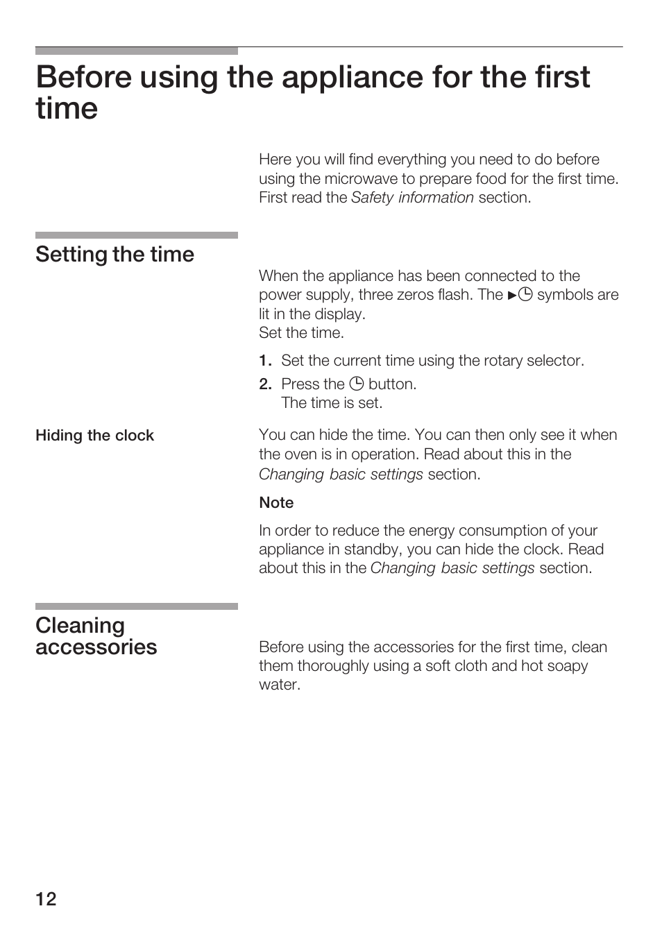 Before using the appliance for the first time, Setting the time, Cleaning accessories | Siemens HF25M5L2 User Manual | Page 12 / 160