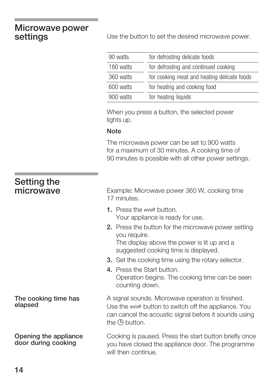 Microwave power settings setting the microwave | Siemens HF25M5L2 User Manual | Page 14 / 160