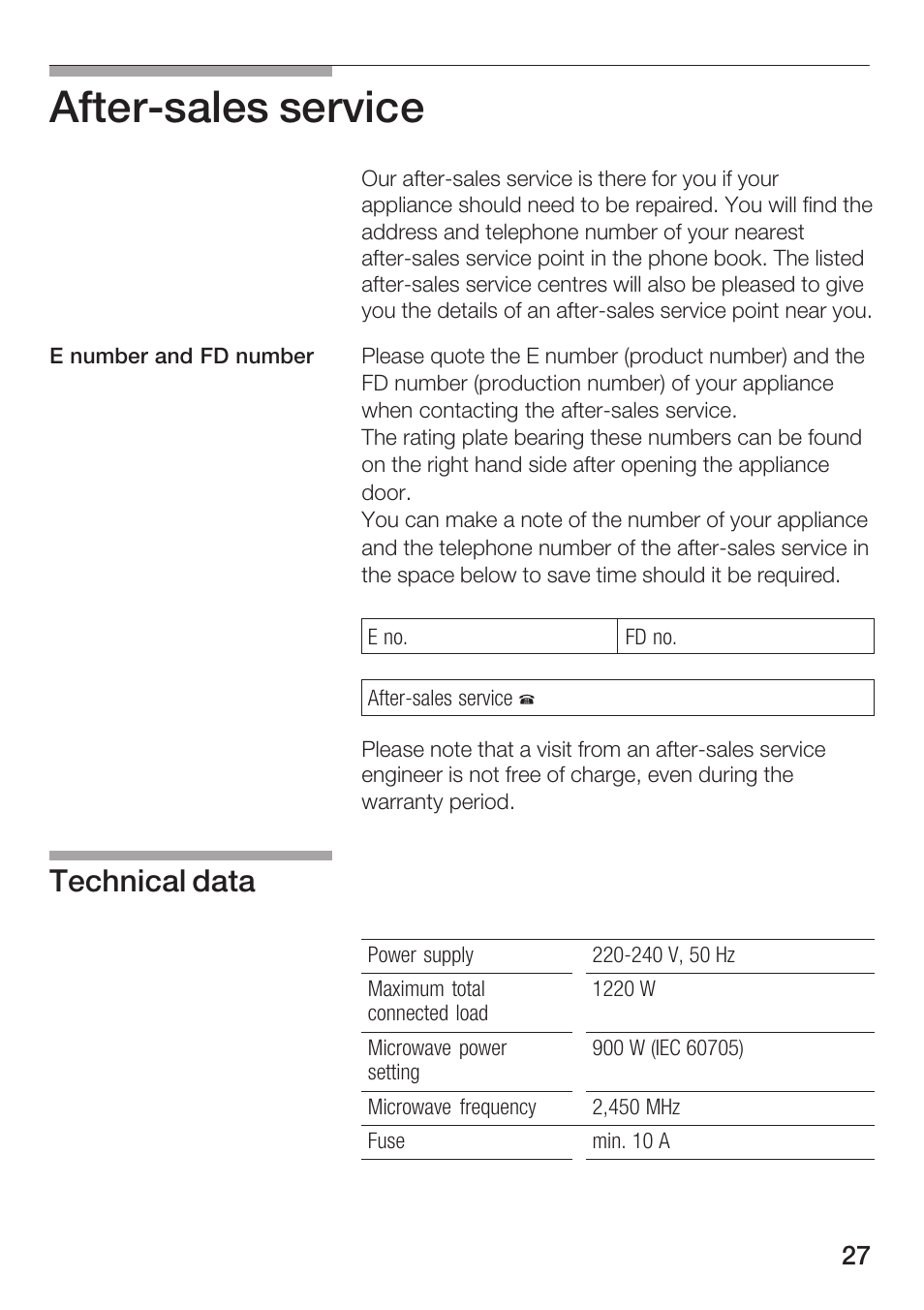 Afterćsales service, Technical data | Siemens HF25M5L2 User Manual | Page 27 / 160