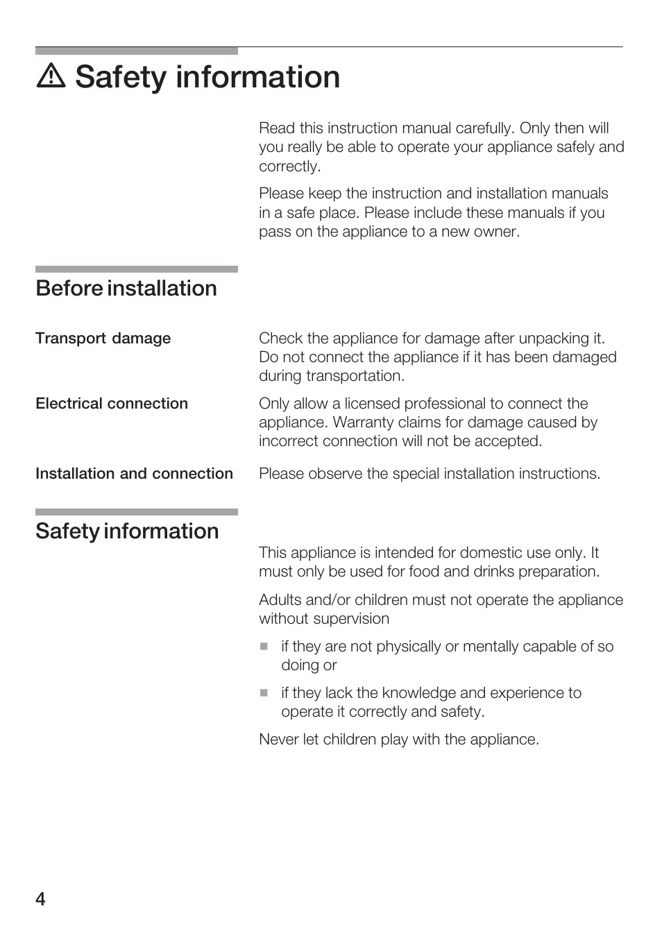 D safety information, Before installation, Safety information | Siemens HF25M5L2 User Manual | Page 4 / 160