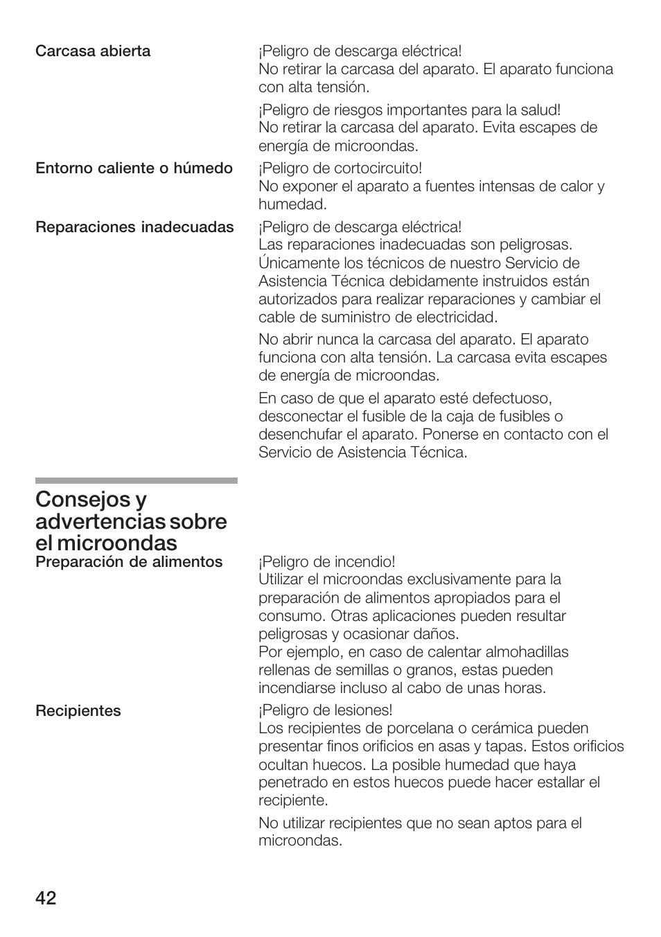 Consejos y advertencias sobre el microondas | Siemens HF25M5L2 User Manual | Page 42 / 160