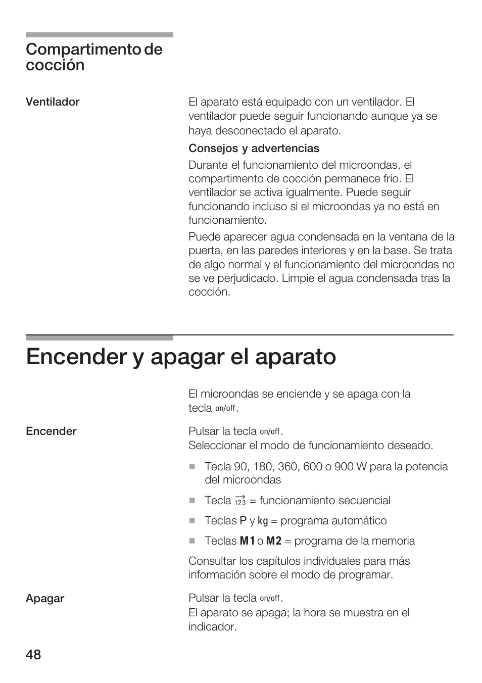 Encender y apagar el aparato, Compartimento de cocción | Siemens HF25M5L2 User Manual | Page 48 / 160