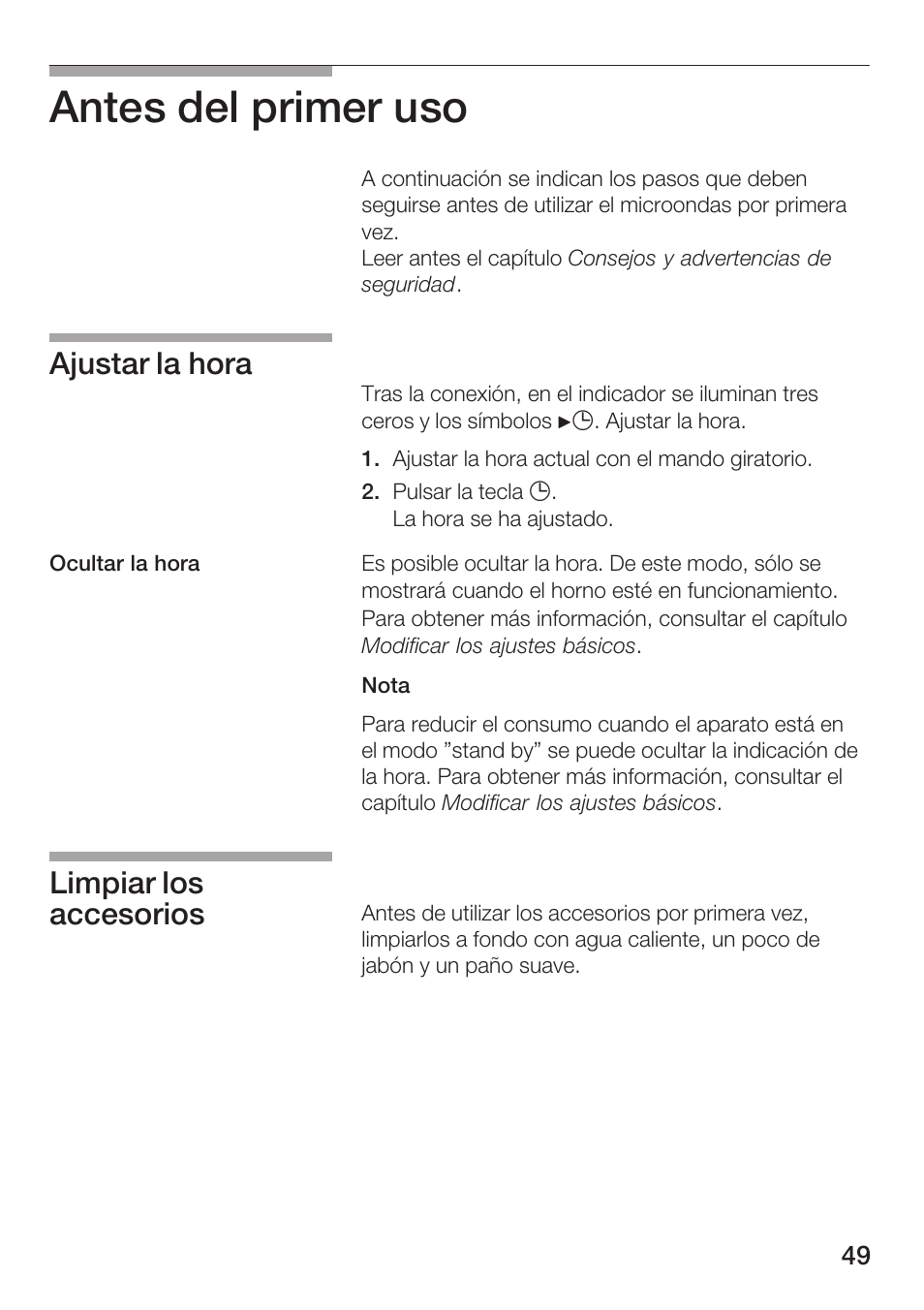 Antes del primer uso, Ajustar la hora, Limpiar los accesorios | Siemens HF25M5L2 User Manual | Page 49 / 160