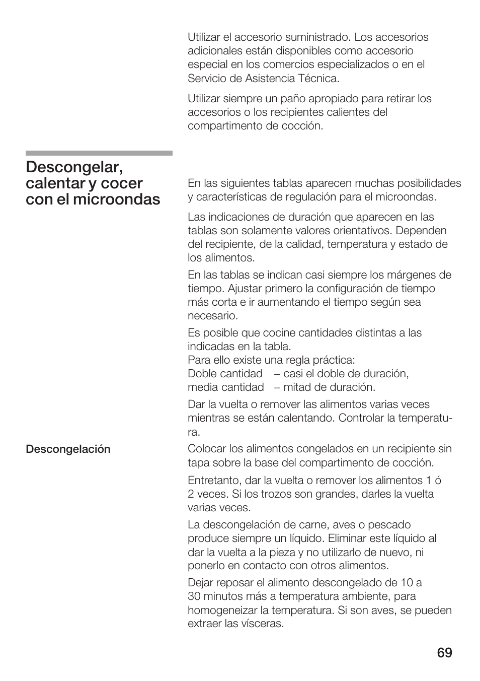 Descongelar, calentar y cocer con el microondas | Siemens HF25M5L2 User Manual | Page 69 / 160