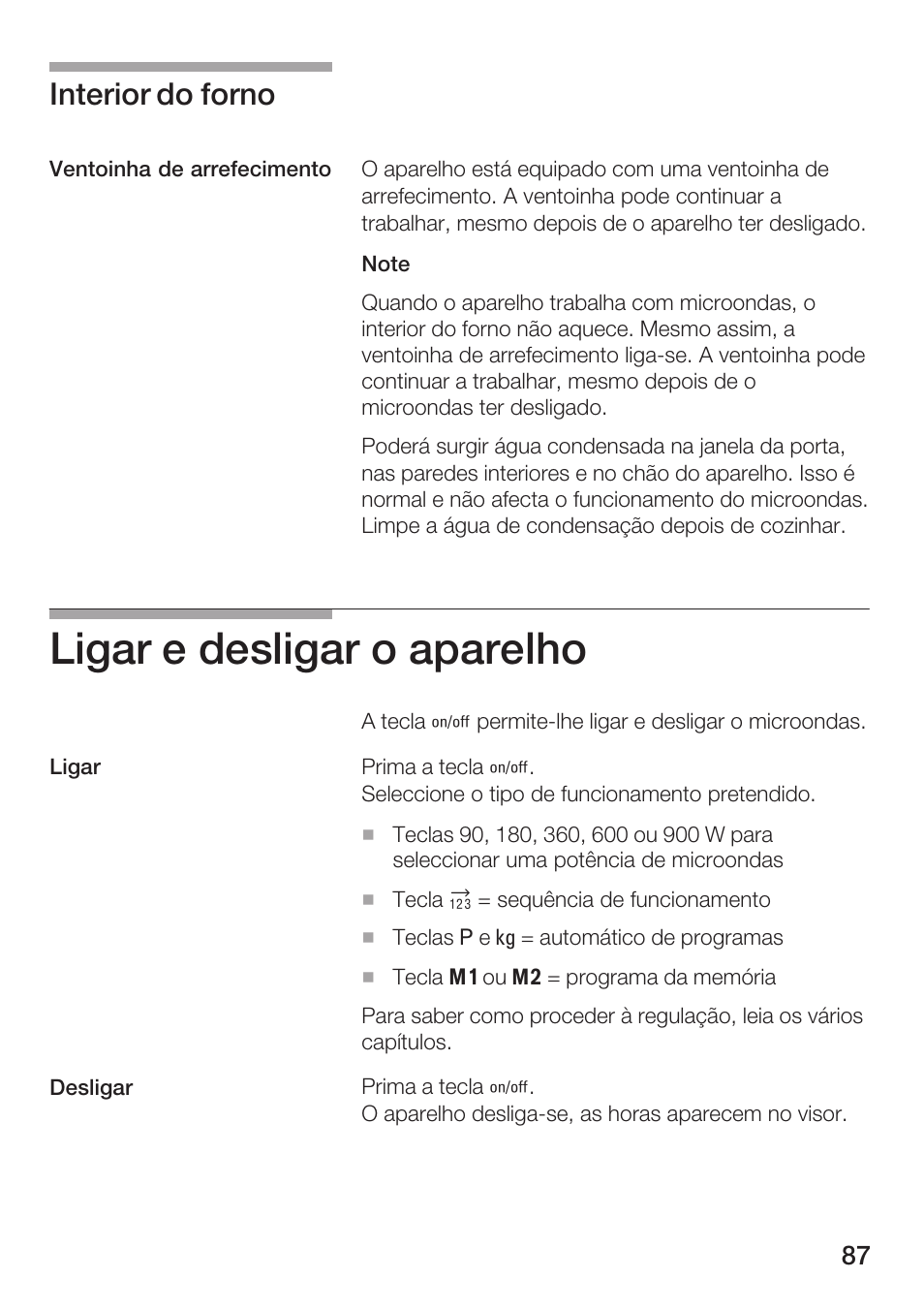 Ligar e desligar o aparelho, Interior do forno | Siemens HF25M5L2 User Manual | Page 87 / 160