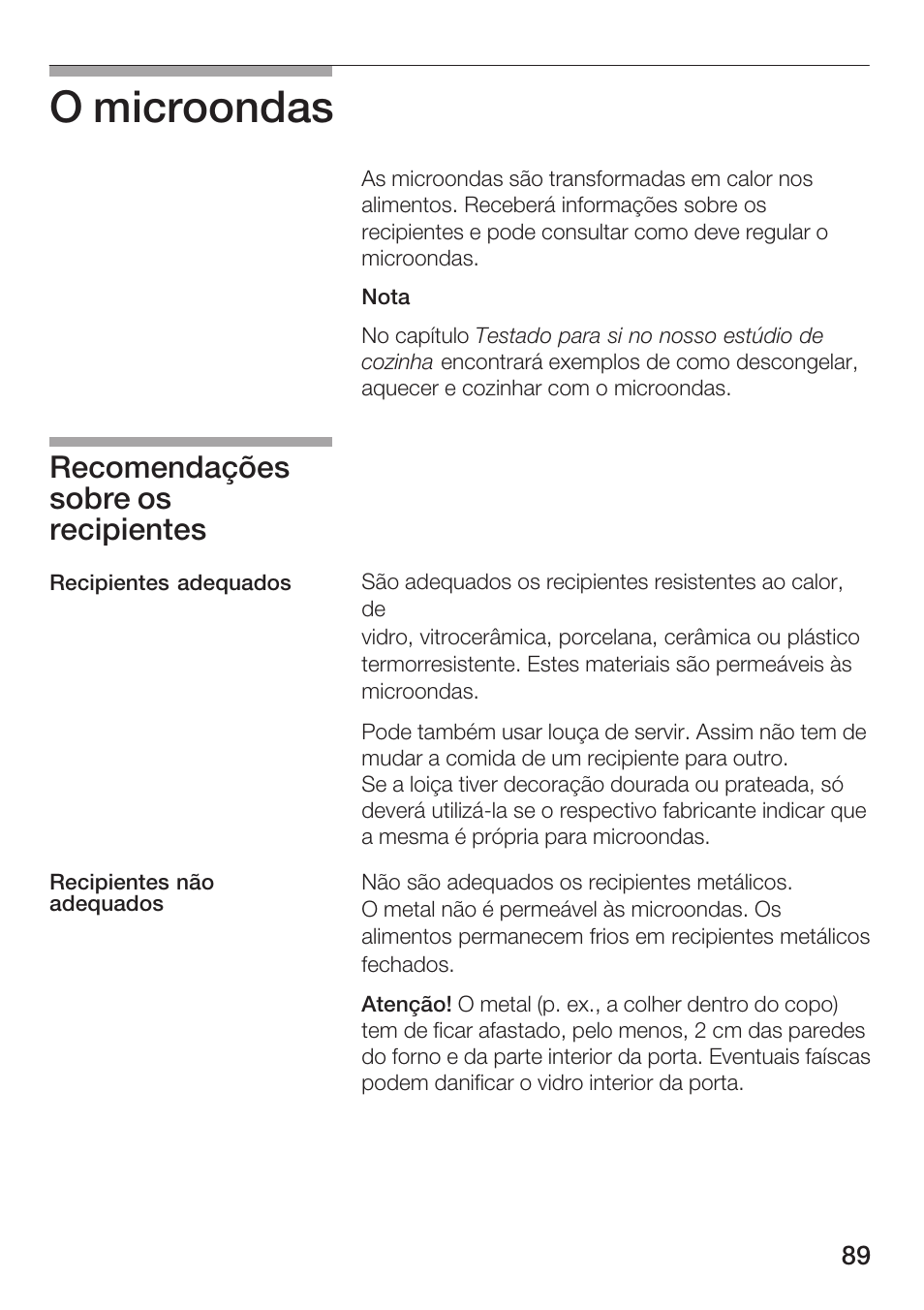 O microondas, Recomendações sobre os recipientes | Siemens HF25M5L2 User Manual | Page 89 / 160