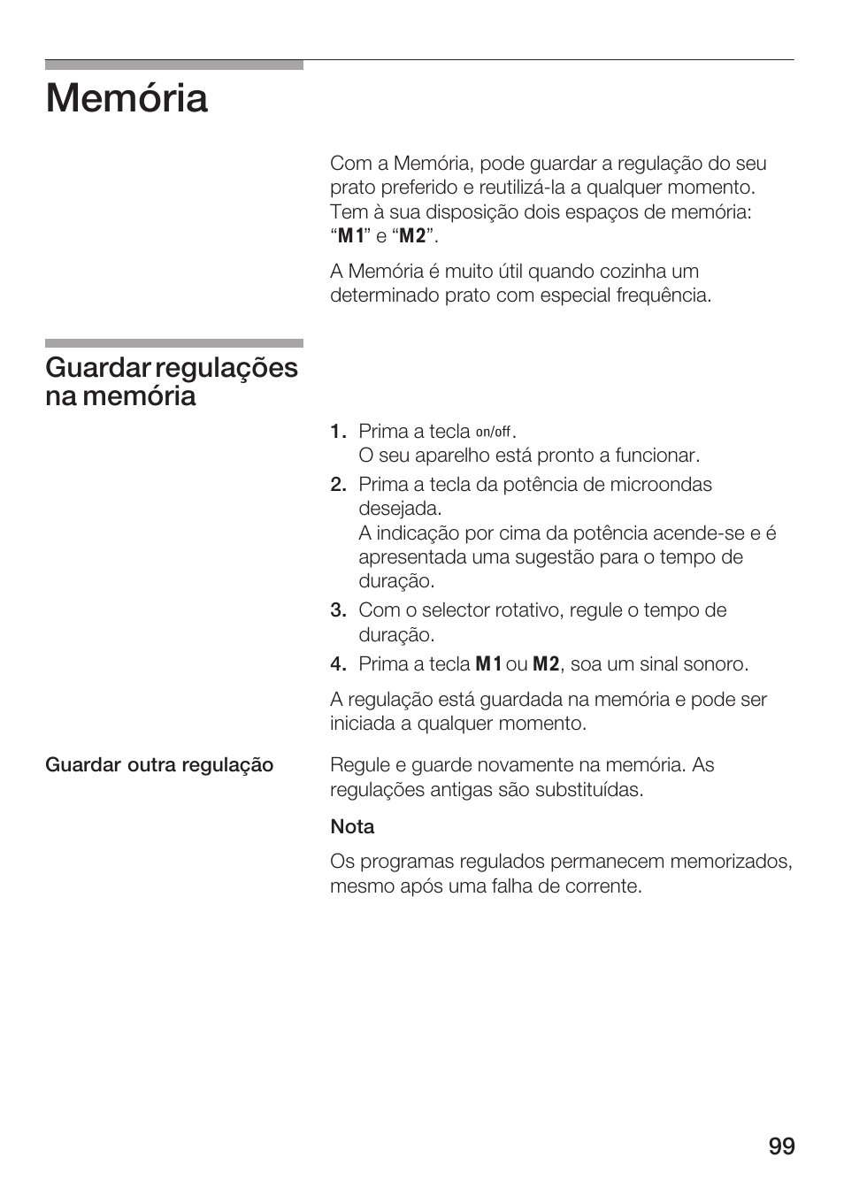 Memória, Guardar regulações na memória | Siemens HF25M5L2 User Manual | Page 99 / 160