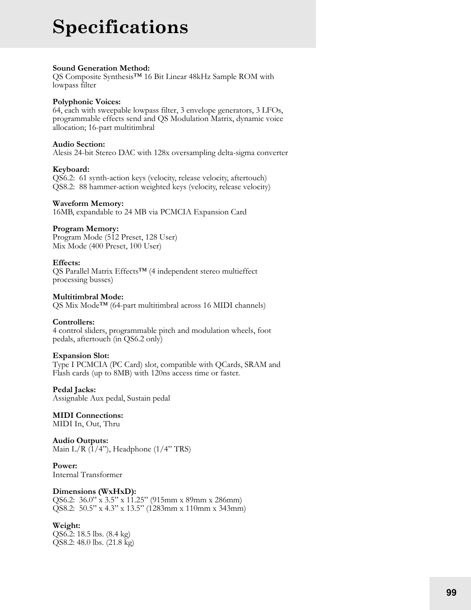 Specifications | ALESIS QS6.2 User Manual | Page 101 / 105