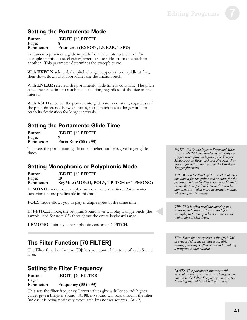 Editing programs, Setting the portamento mode, Setting the portamento glide time | Setting monophonic or polyphonic mode, The filter function [70 filter, Setting the filter frequency | ALESIS QS6.2 User Manual | Page 43 / 105