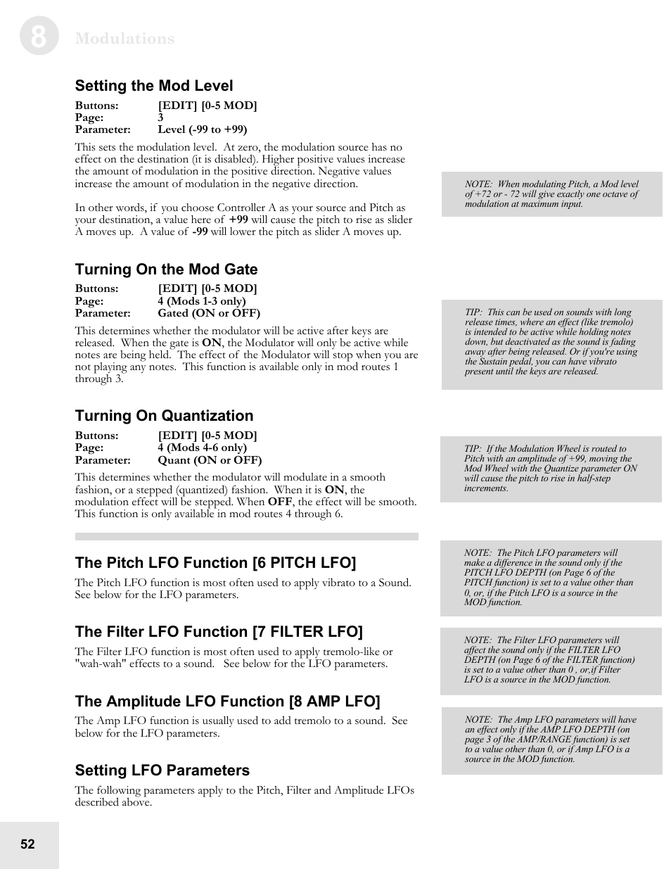 Modulations, Setting the mod level, Turning on the mod gate | Turning on quantization, The pitch lfo function [6 pitch lfo, The filter lfo function [7 filter lfo, The amplitude lfo function [8 amp lfo, Setting lfo parameters | ALESIS QS6.2 User Manual | Page 54 / 105