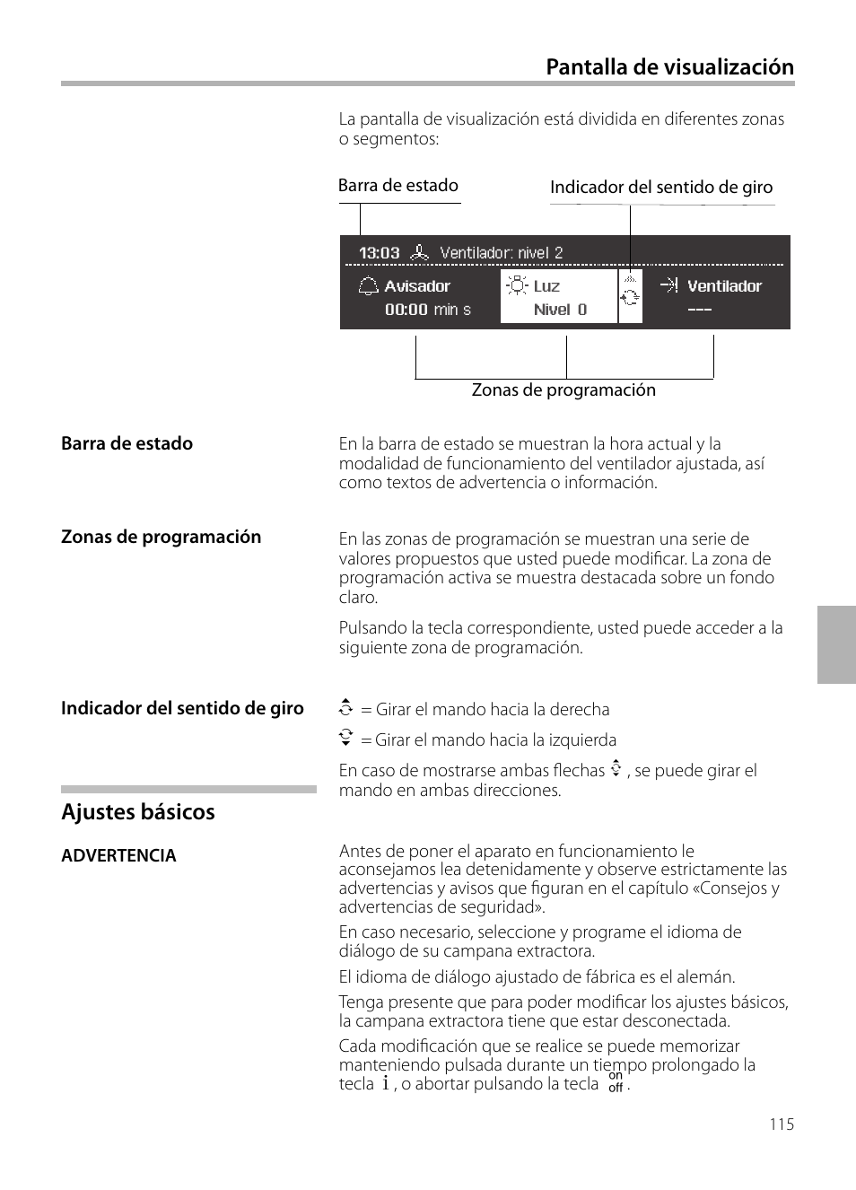 Ajustes básicos, Pantalla de visualización | Siemens LC958BA90 User Manual | Page 115 / 156