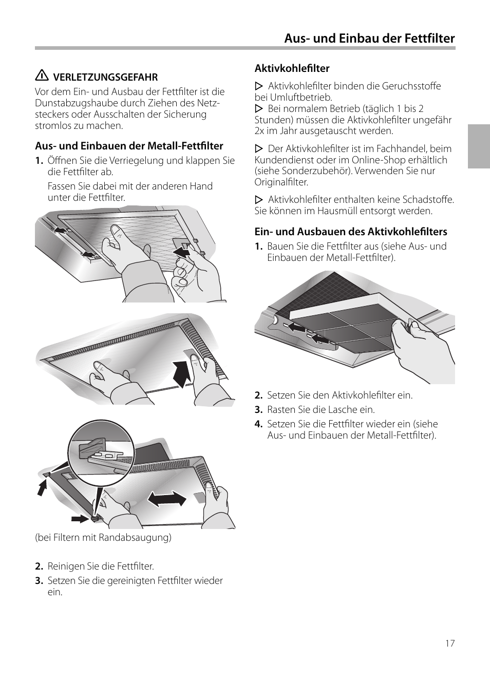 Aus- und einbau der fettfilter | Siemens LC958BA90 User Manual | Page 17 / 156