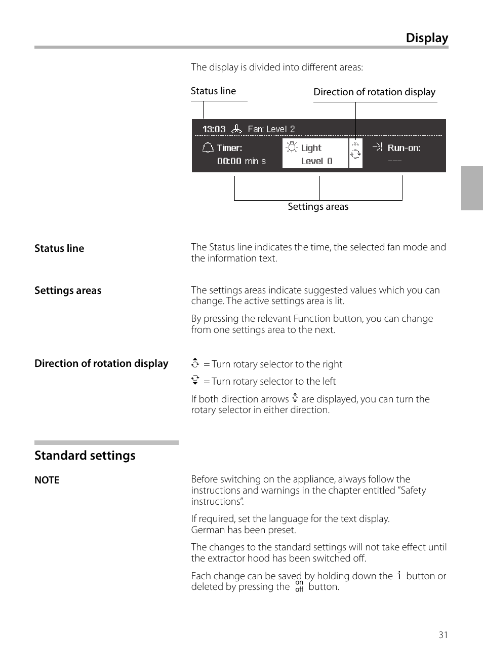 Standard settings, Display | Siemens LC958BA90 User Manual | Page 31 / 156