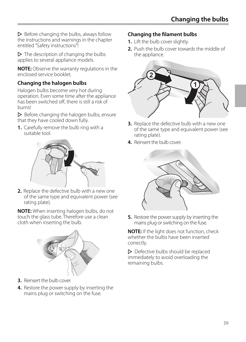 Changing the bulbs | Siemens LC958BA90 User Manual | Page 39 / 156