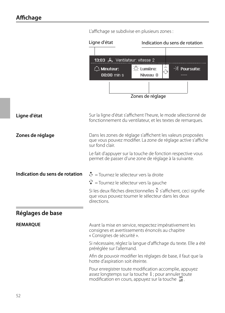 Réglages de base, Affichage | Siemens LC958BA90 User Manual | Page 52 / 156
