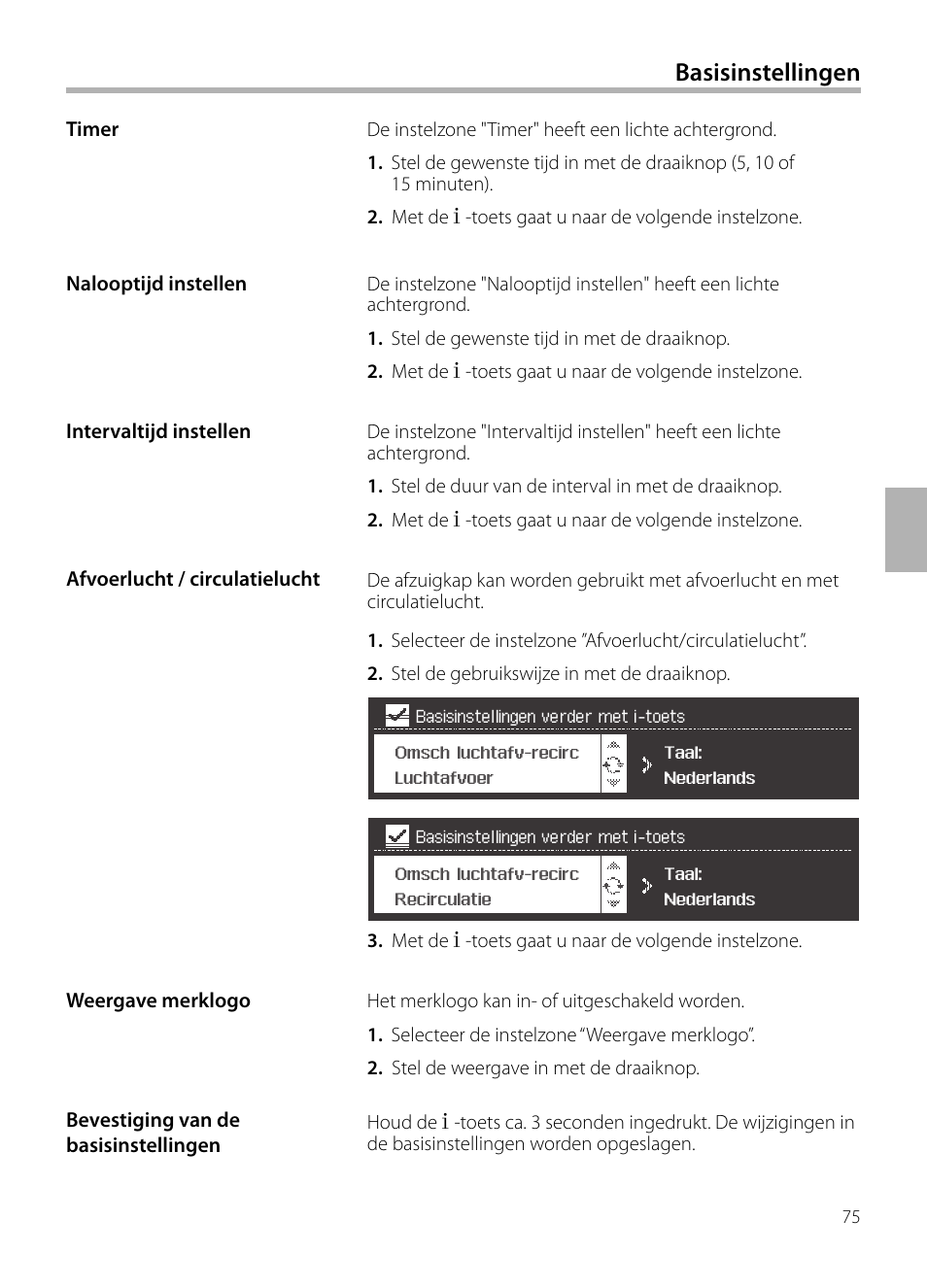 Basisinstellingen | Siemens LC958BA90 User Manual | Page 75 / 156
