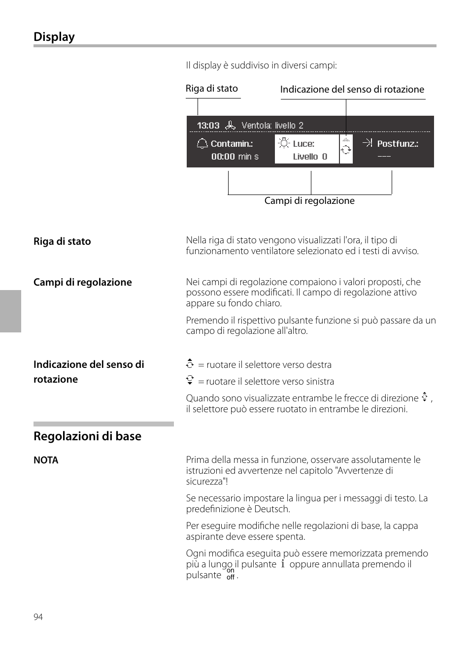 Regolazioni di base, Display | Siemens LC958BA90 User Manual | Page 94 / 156