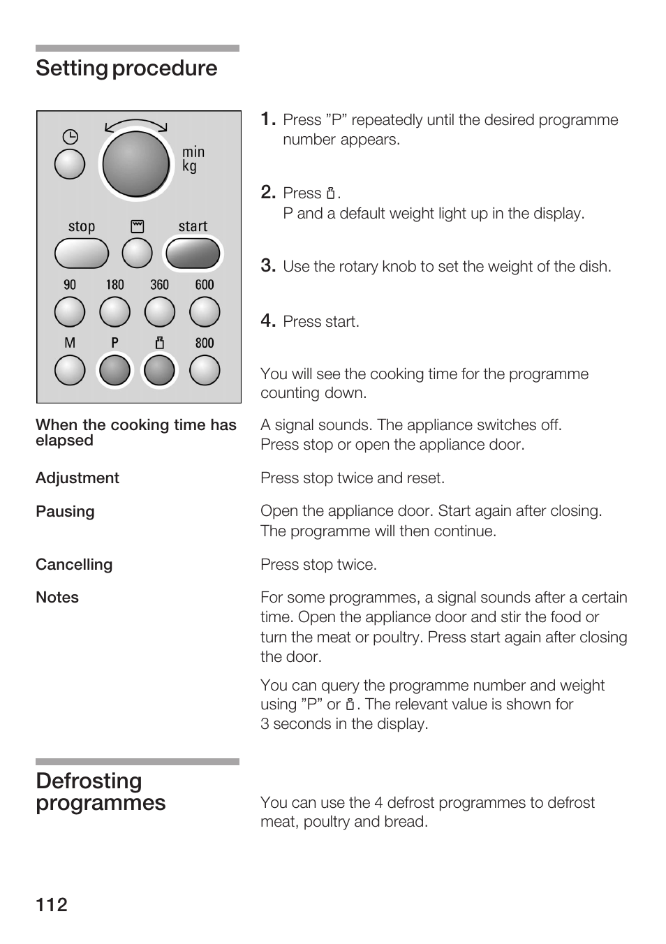 Setting procedure, Defrosting programmes | Siemens HF15G561 User Manual | Page 112 / 164