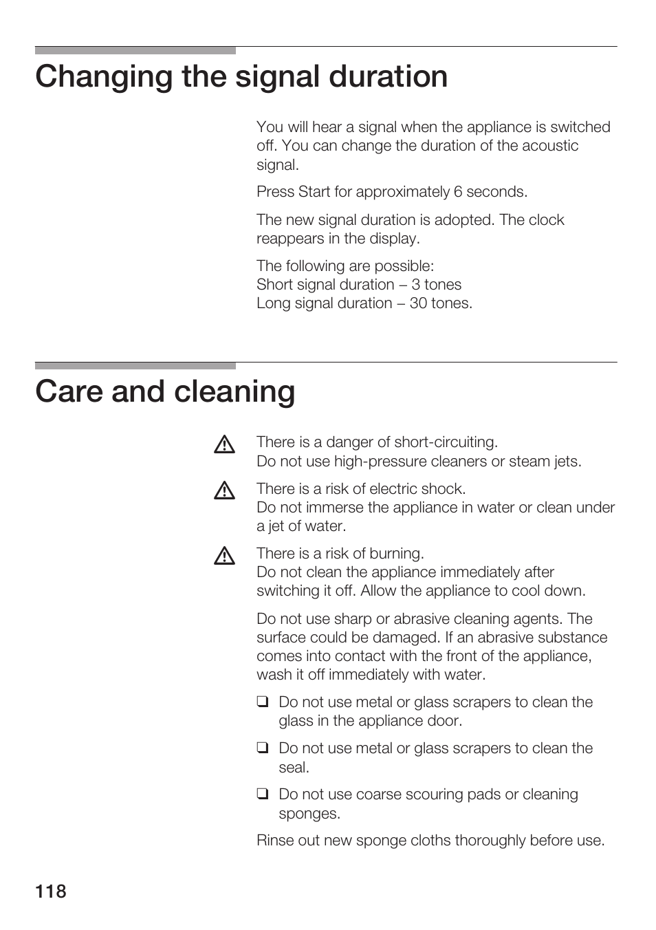 Changing the signal duration, Care and cleaning | Siemens HF15G561 User Manual | Page 118 / 164