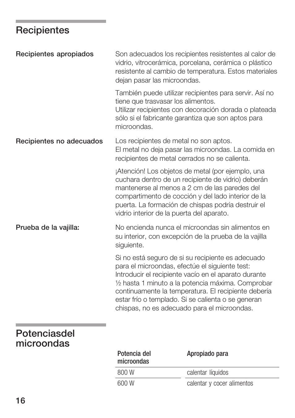 Recipientes, Potenciasdel microondas | Siemens HF15G561 User Manual | Page 16 / 164