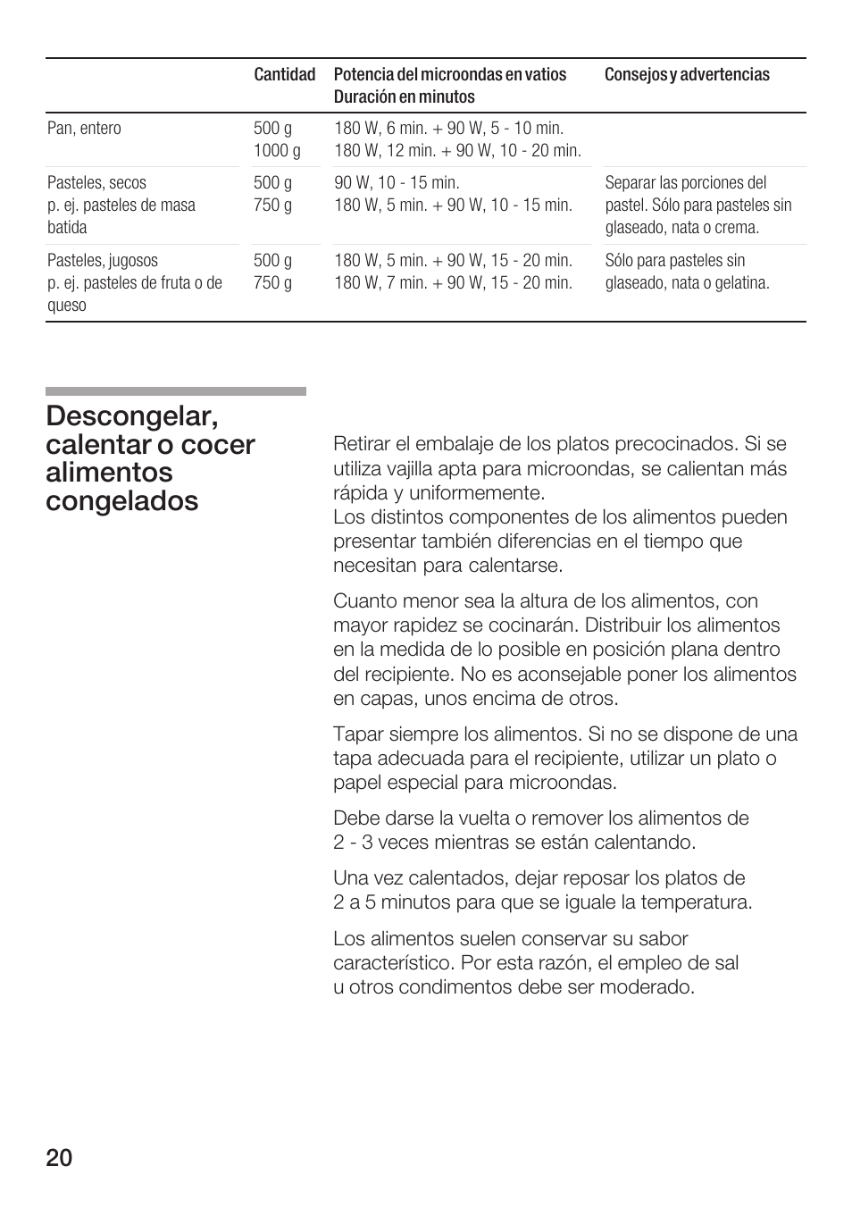 Descongelar, calentar o cocer alimentos congelados | Siemens HF15G561 User Manual | Page 20 / 164