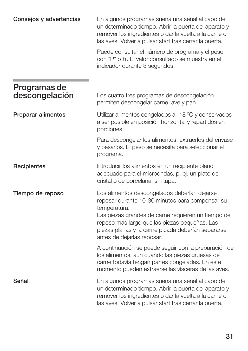 Programas de descongelación | Siemens HF15G561 User Manual | Page 31 / 164