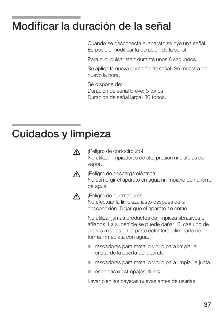 Modificar la duración de la señal, Cuidados y limpieza | Siemens HF15G561 User Manual | Page 37 / 164