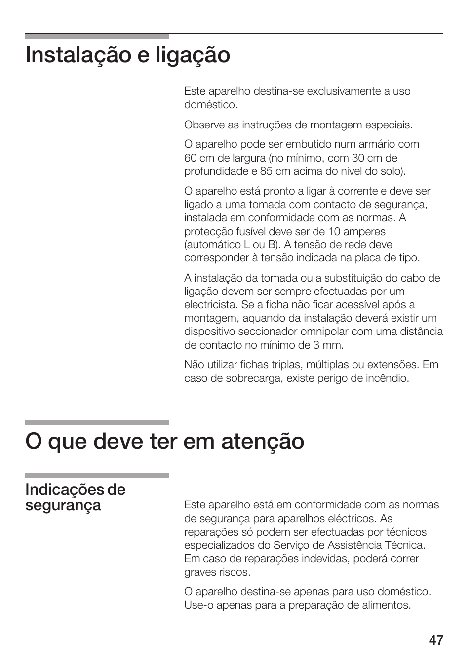 Instalação e ligação, O que deve ter em atenção, Indicações de segurança | Siemens HF15G561 User Manual | Page 47 / 164