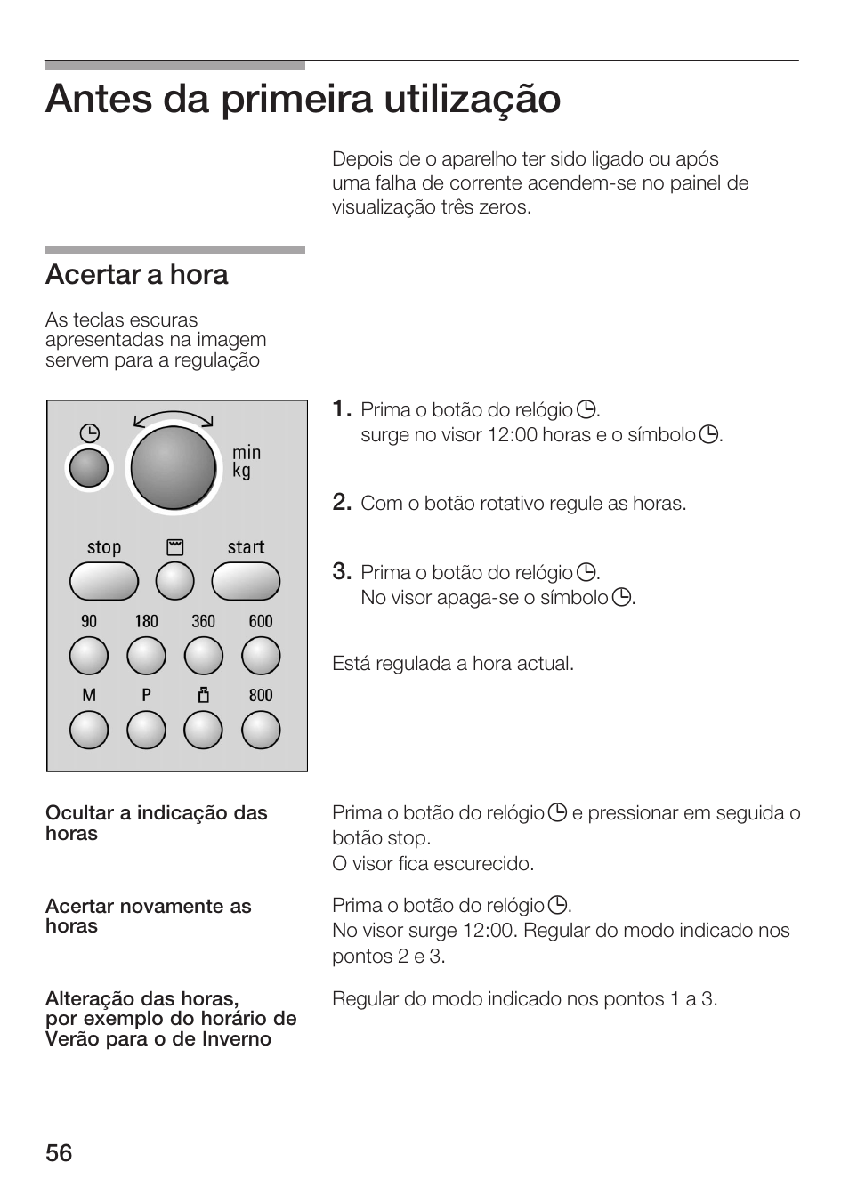 Antes da primeira utilização, Acertar a hora | Siemens HF15G561 User Manual | Page 56 / 164