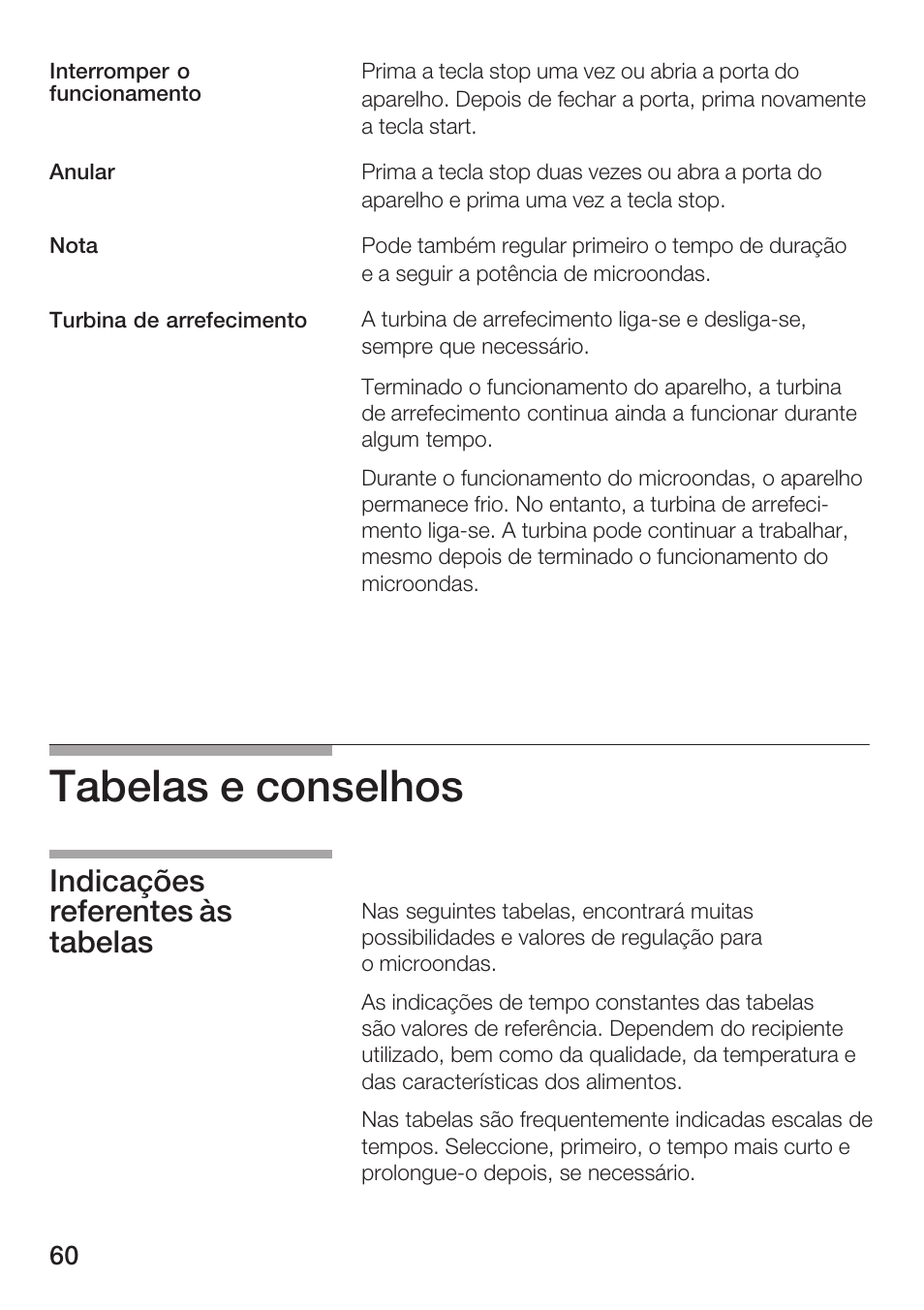 Tabelas e conselhos, Indicações referentes às tabelas | Siemens HF15G561 User Manual | Page 60 / 164