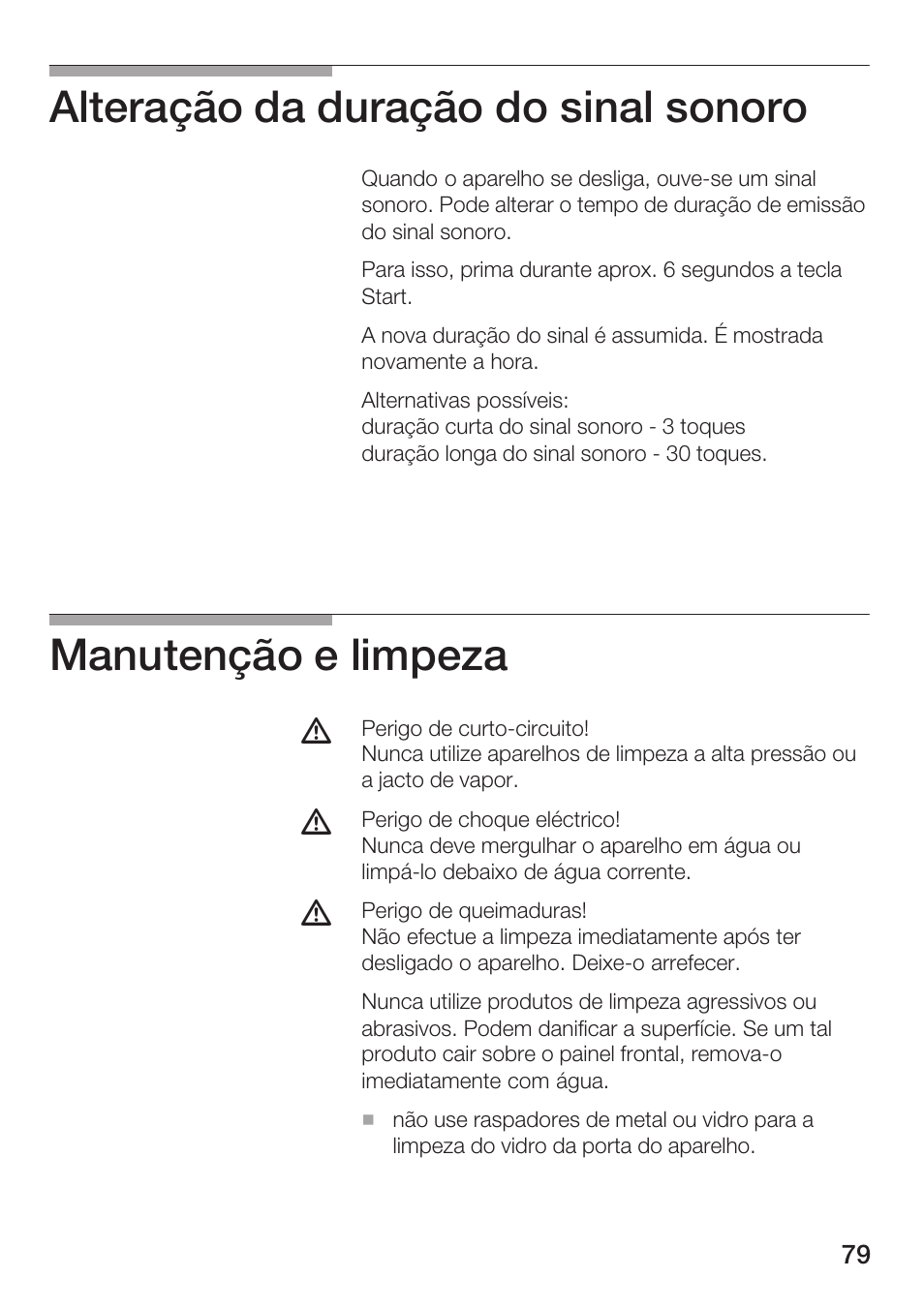 Alteração da duração do sinal sonoro, Manutenção e limpeza | Siemens HF15G561 User Manual | Page 79 / 164