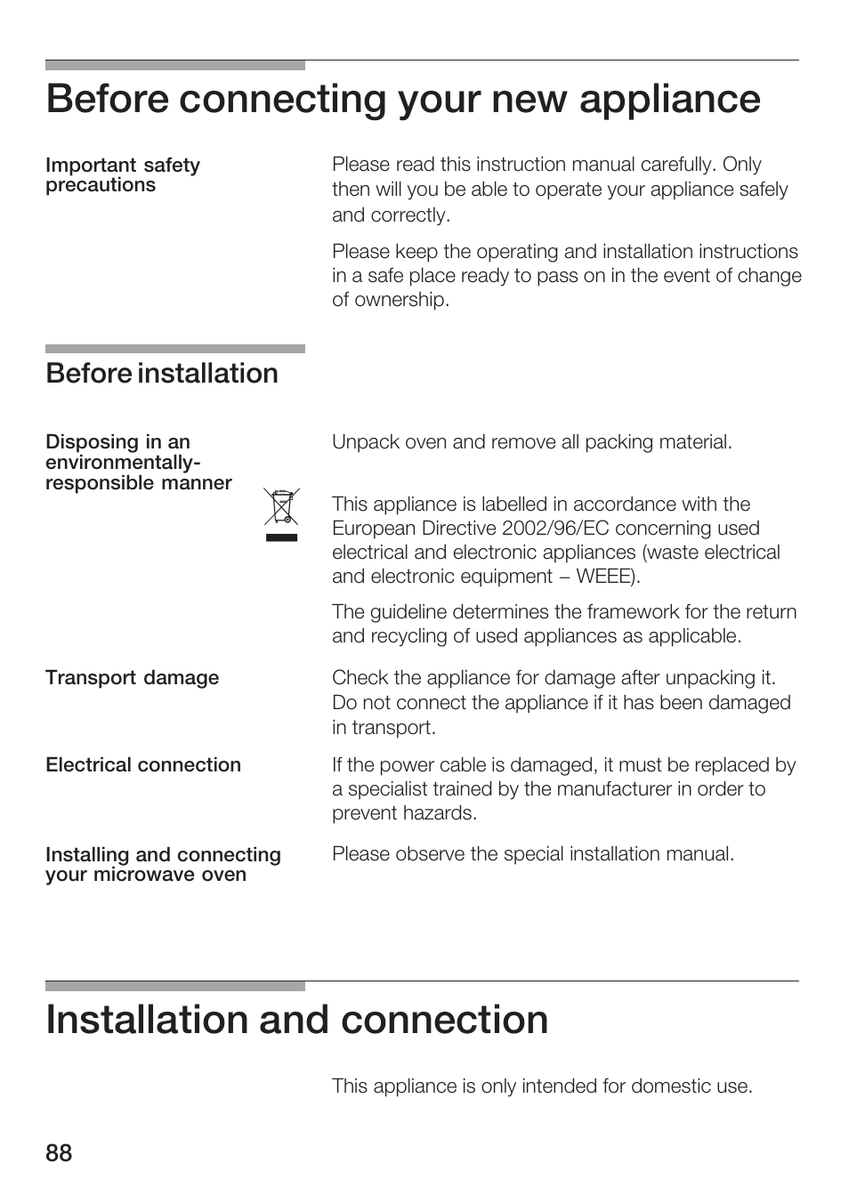 Before connecting your new appliance, Installation and connection, Before installation | Siemens HF15G561 User Manual | Page 88 / 164