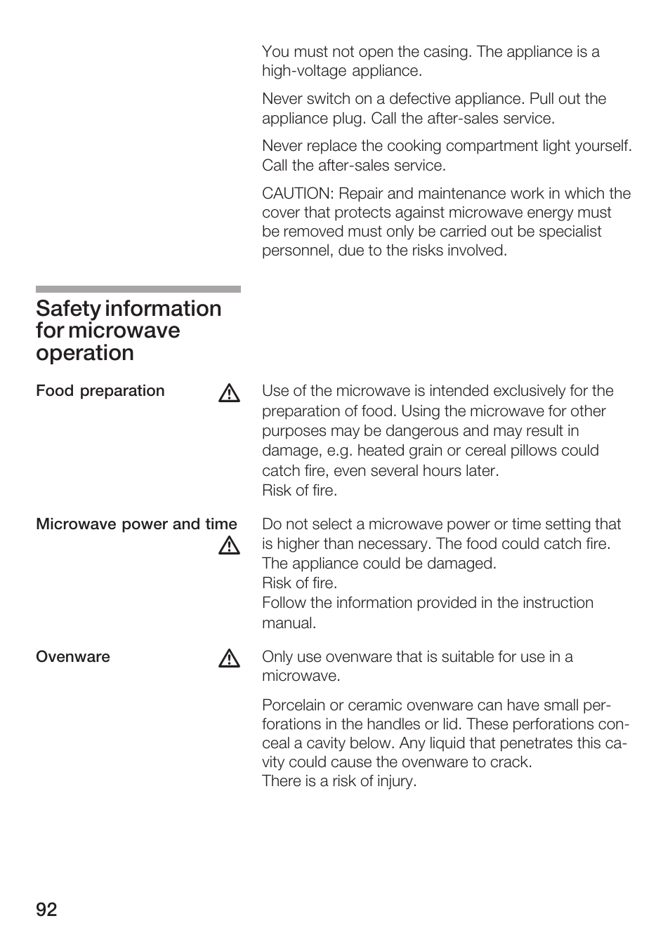 Safety information for microwave operation | Siemens HF15G561 User Manual | Page 92 / 164