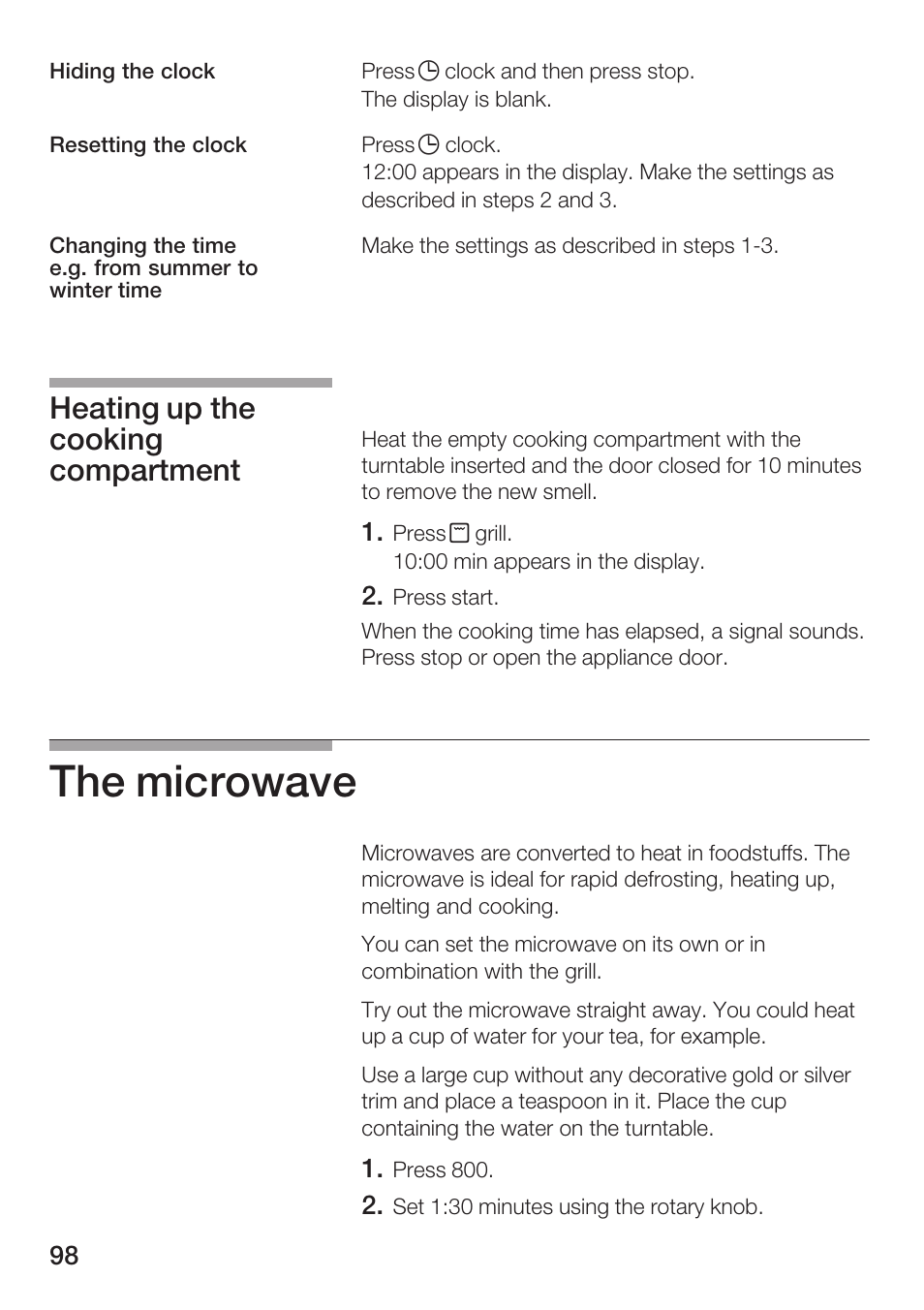 The microwave, Heating up the cooking compartment | Siemens HF15G561 User Manual | Page 98 / 164