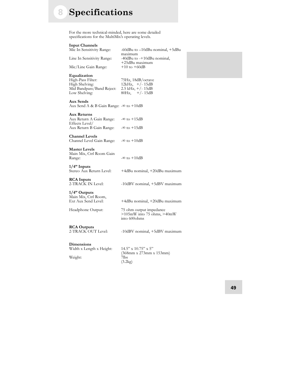 Specifications | ALESIS MULTIMIX USB2.0 User Manual | Page 51 / 58