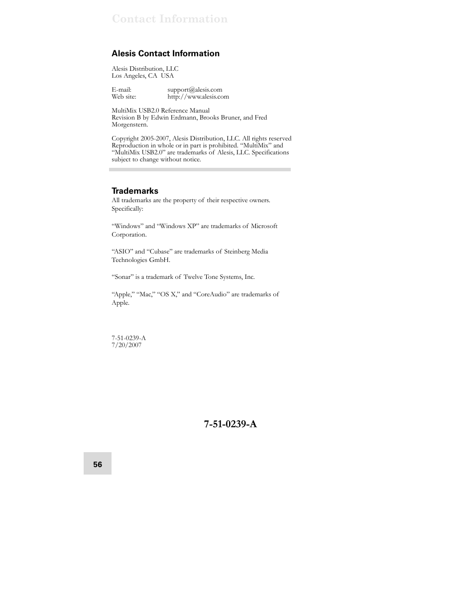 Contact information | ALESIS MULTIMIX USB2.0 User Manual | Page 58 / 58