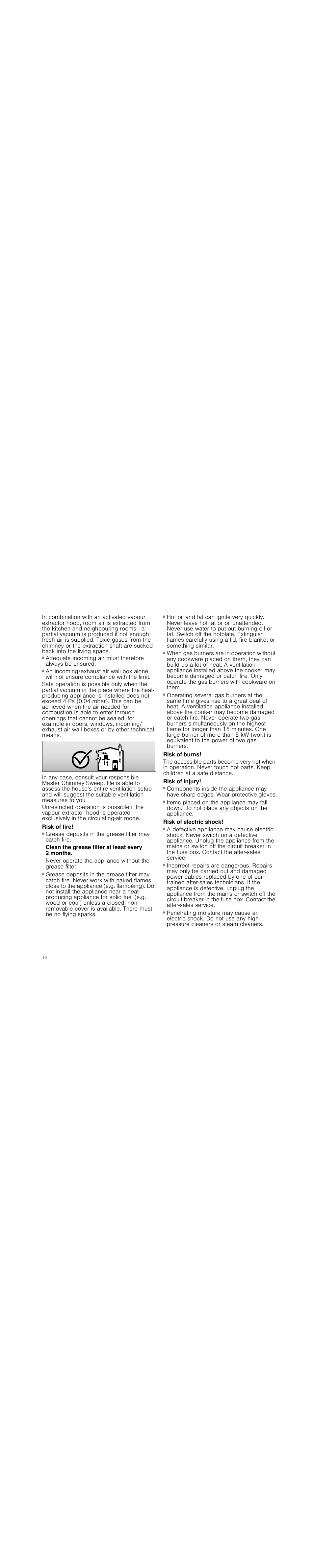 Risk of fire, Clean the grease filter at least every 2 months, Risk of burns | Risk of injury, Risk of electric shock | Siemens LI18030 User Manual | Page 10 / 28