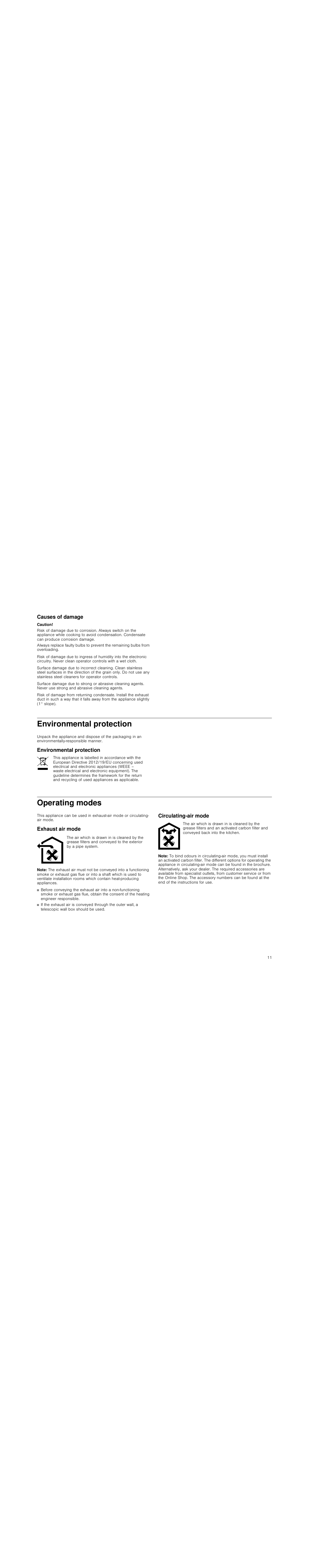Causes of damage, Caution, Environmental protection | Operating modes, Exhaust air mode, Note, Circulating-air mode | Siemens LI18030 User Manual | Page 11 / 28