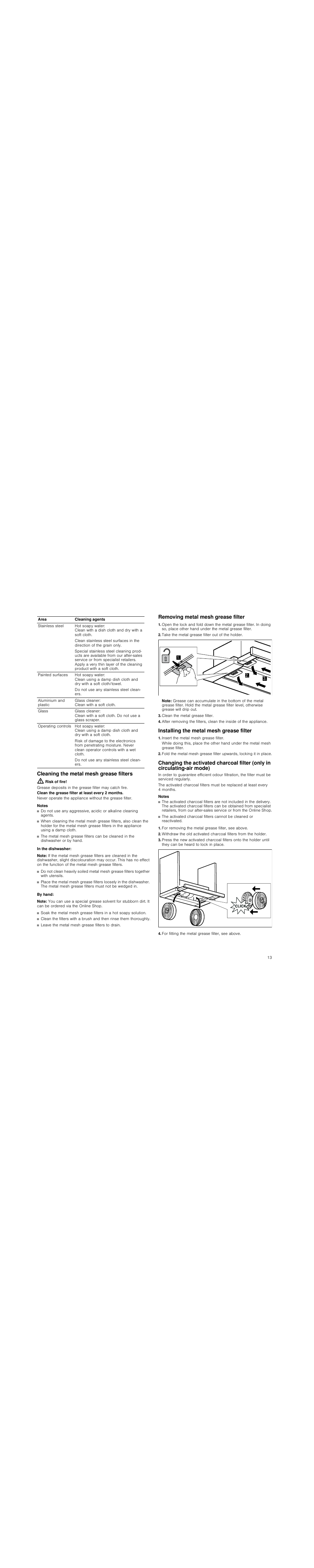 Cleaning the metal mesh grease filters, Risk of fire, Notes | In the dishwasher, Note, By hand, Removing metal mesh grease filter, Take the metal grease filter out of the holder, Clean the metal grease filter, Installing the metal mesh grease filter | Siemens LI18030 User Manual | Page 13 / 28