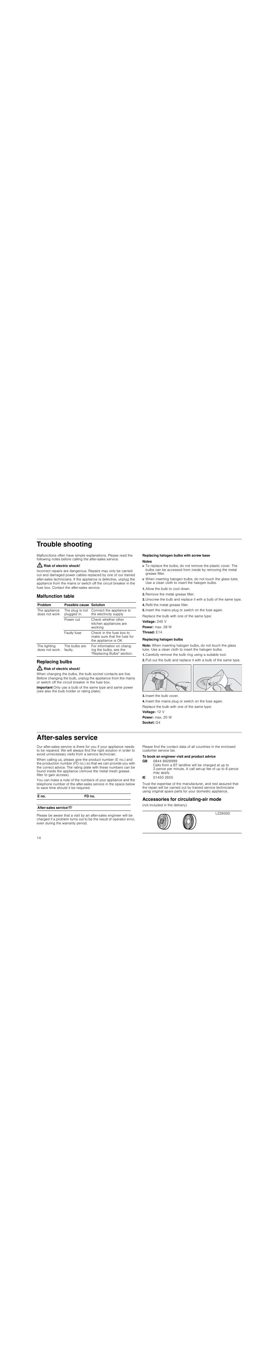 Trouble shooting, Risk of electric shock, Malfunction table | Replacing bulbs, Replacing halogen bulbs with screw base, Notes, Allow the bulb to cool down, Remove the metal grease filter, Refit the metal grease filter, Insert the mains plug or switch on the fuse again | Siemens LI18030 User Manual | Page 14 / 28