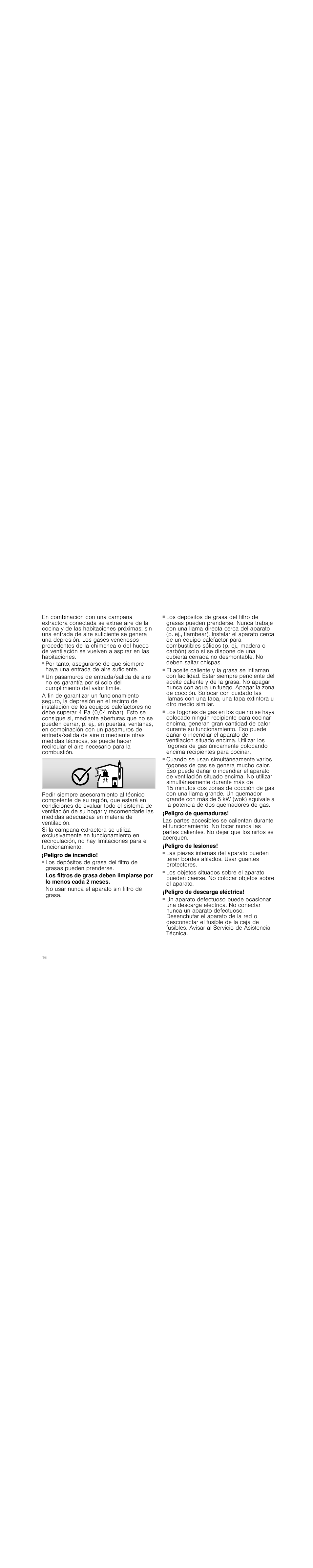 Peligro de incendio, No usar nunca el aparato sin filtro de grasa, Peligro de quemaduras | Peligro de lesiones, Peligro de descarga eléctrica | Siemens LI18030 User Manual | Page 16 / 28