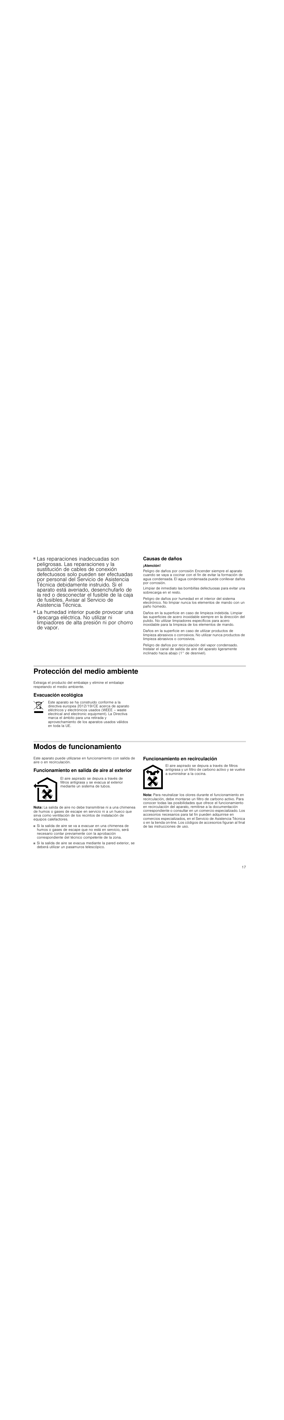 Peligro de descarga eléctrica, Causas de daños, Atención | Protección del medio ambiente, Evacuación ecológica, Modos de funcionamiento, Funcionamiento en salida de aire al exterior, Nota, Funcionamiento en recirculación | Siemens LI18030 User Manual | Page 17 / 28