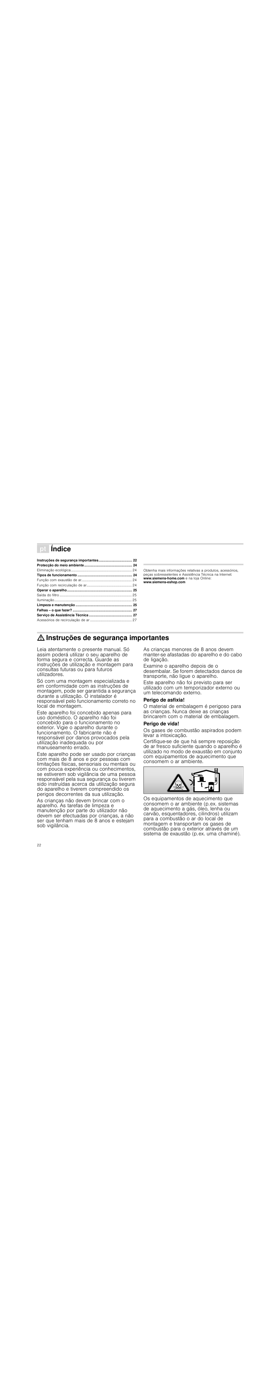 Ì índice[pt] instruções de serviço, Instruções de segurança importantes, Perigo de asfixia | Perigo de vida, Índice | Siemens LI18030 User Manual | Page 22 / 28