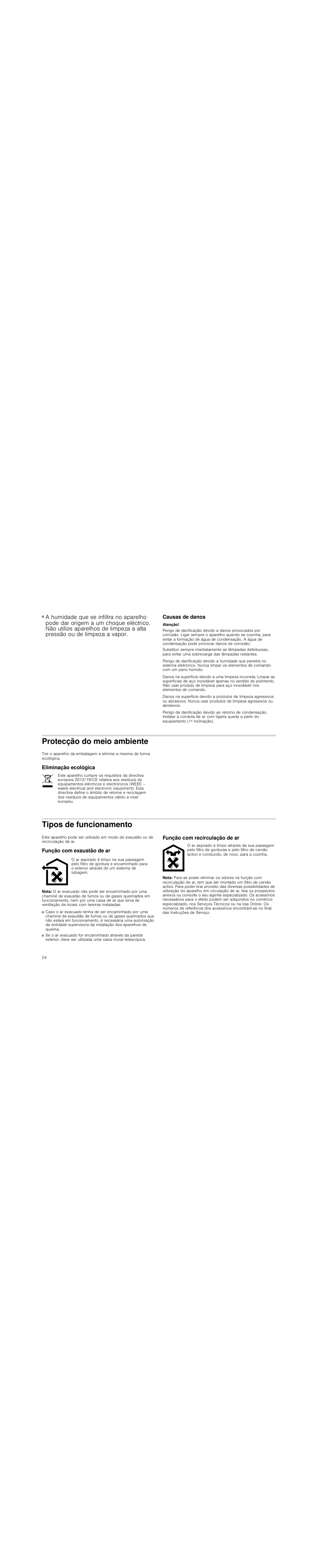 Causas de danos, Atenção, Protecção do meio ambiente | Eliminação ecológica, Tipos de funcionamento, Função com exaustão de ar, Nota, Função com recirculação de ar | Siemens LI18030 User Manual | Page 24 / 28